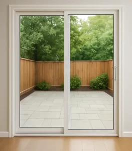Sliding glass door with white aluminum frame, ideal for showing how to replace rollers on a sliding glass door.