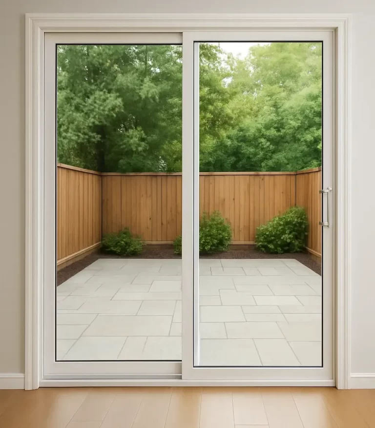 Sliding glass door with white aluminum frame, ideal for showing how to replace rollers on a sliding glass door.